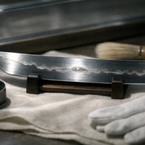 Horizontal editorial close-up of a polished Japanese blade segment under raking light, with a loupe, brush, and cotton gloves nearby, subtly suggesting hagire, fukure, and kitae-ware in a quiet conservation setting, without text or inscriptions.