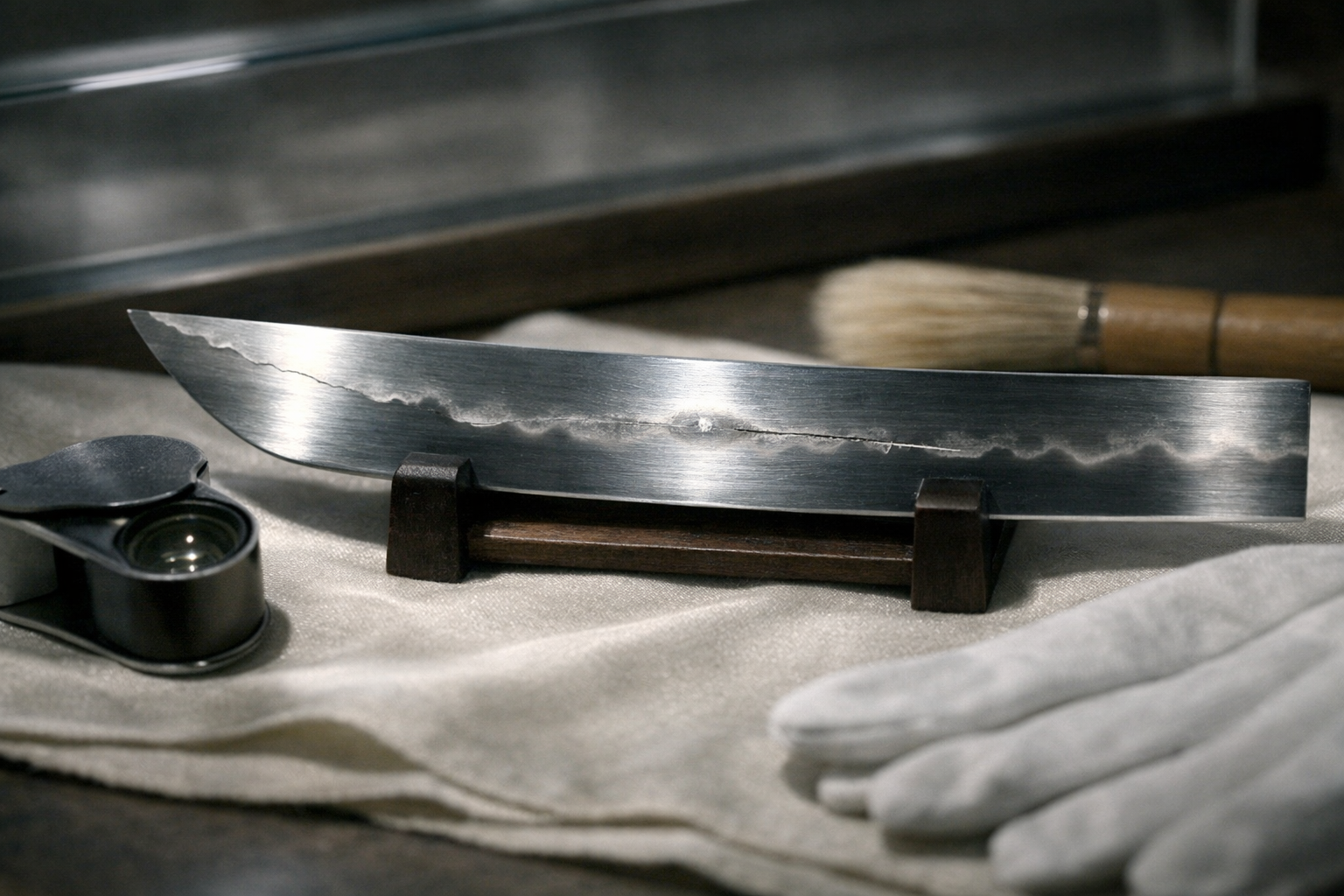 Horizontal editorial close-up of a polished Japanese blade segment under raking light, with a loupe, brush, and cotton gloves nearby, subtly suggesting hagire, fukure, and kitae-ware in a quiet conservation setting, without text or inscriptions.