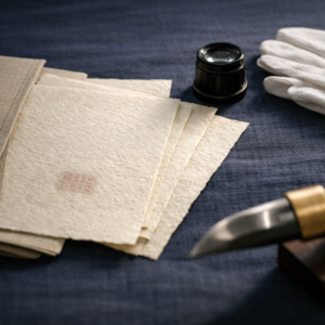 Horizontal editorial scene of Japanese sword papers on indigo cloth with a loupe and cotton gloves, a softly blurred blade section in a cradle nearby under museum lighting, with no readable text or logos.