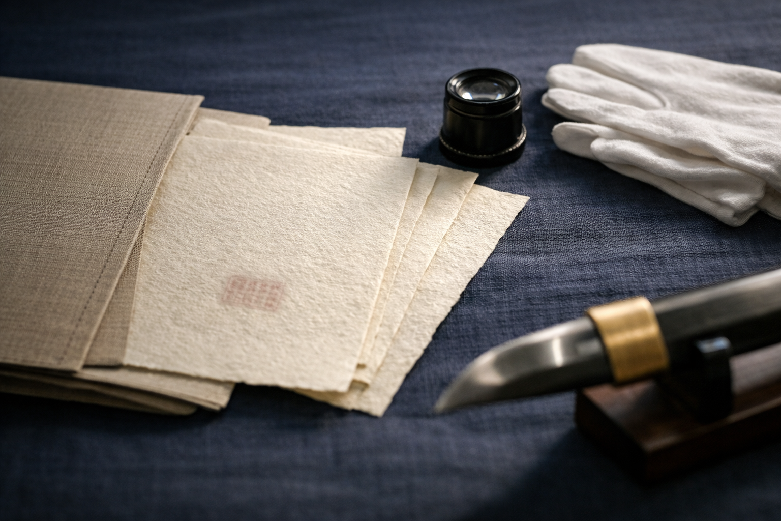 Horizontal editorial scene of Japanese sword papers on indigo cloth with a loupe and cotton gloves, a softly blurred blade section in a cradle nearby under museum lighting, with no readable text or logos.