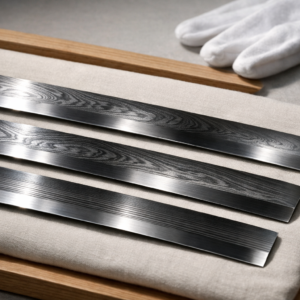 Wide editorial still life showing macro highlights of jihada—itame, mokume, and masame—on polished Japanese sword steel under raking light, with a white cotton glove and a magnifying loupe on a neutral cloth in a quiet museum-like setting.