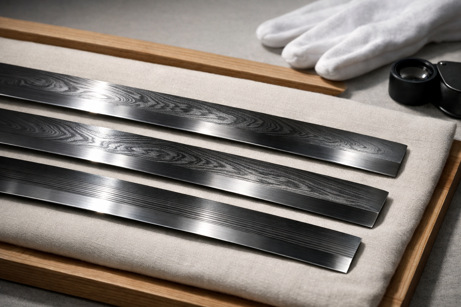 Wide editorial still life showing macro highlights of jihada—itame, mokume, and masame—on polished Japanese sword steel under raking light, with a white cotton glove and a magnifying loupe on a neutral cloth in a quiet museum-like setting.