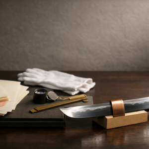 Horizontal editorial scene of a Japanese sword blade detail on a small rest beside generic, unreadable archival papers, white gloves, a loupe, and a caliper on a washi-textured desk under soft side light.