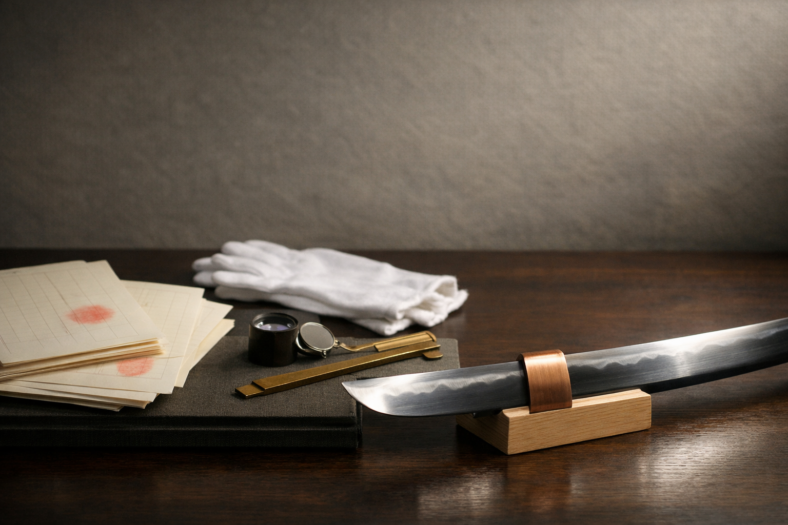 Horizontal editorial scene of a Japanese sword blade detail on a small rest beside generic, unreadable archival papers, white gloves, a loupe, and a caliper on a washi-textured desk under soft side light.