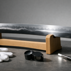 Horizontal editorial scene of a museum-style study setup examining a Japanese sword blade under raking kantei light, highlighting nie vs nioi along the hamon with visible nioiguchi, kinsuji, sunagashi, and faint utsuri.