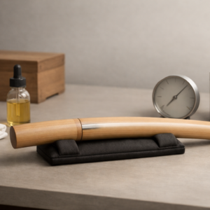 Escena editorial horizontal de conservación de Nihonto: shirasaya de madera clara con paño de microfibra, gotero de aceite sin marca, higrómetro discreto y desecante sobre mesa, luz suave de museo, sin texto ni inscripciones.