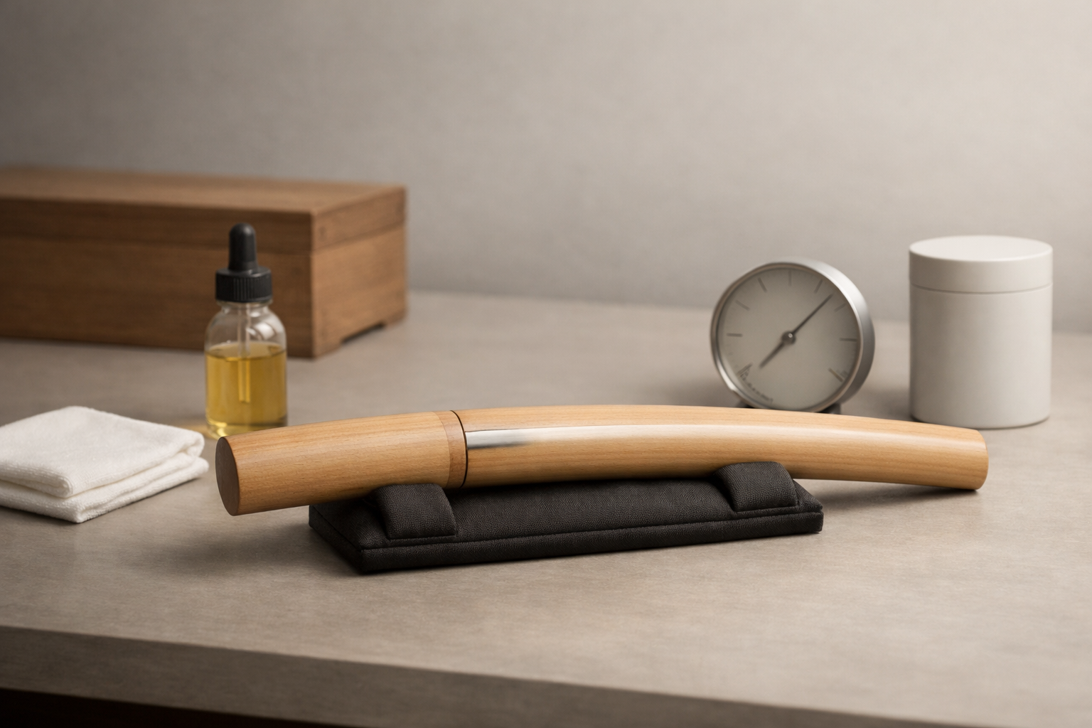 Escena editorial horizontal de conservación de Nihonto: shirasaya de madera clara con paño de microfibra, gotero de aceite sin marca, higrómetro discreto y desecante sobre mesa, luz suave de museo, sin texto ni inscripciones.
