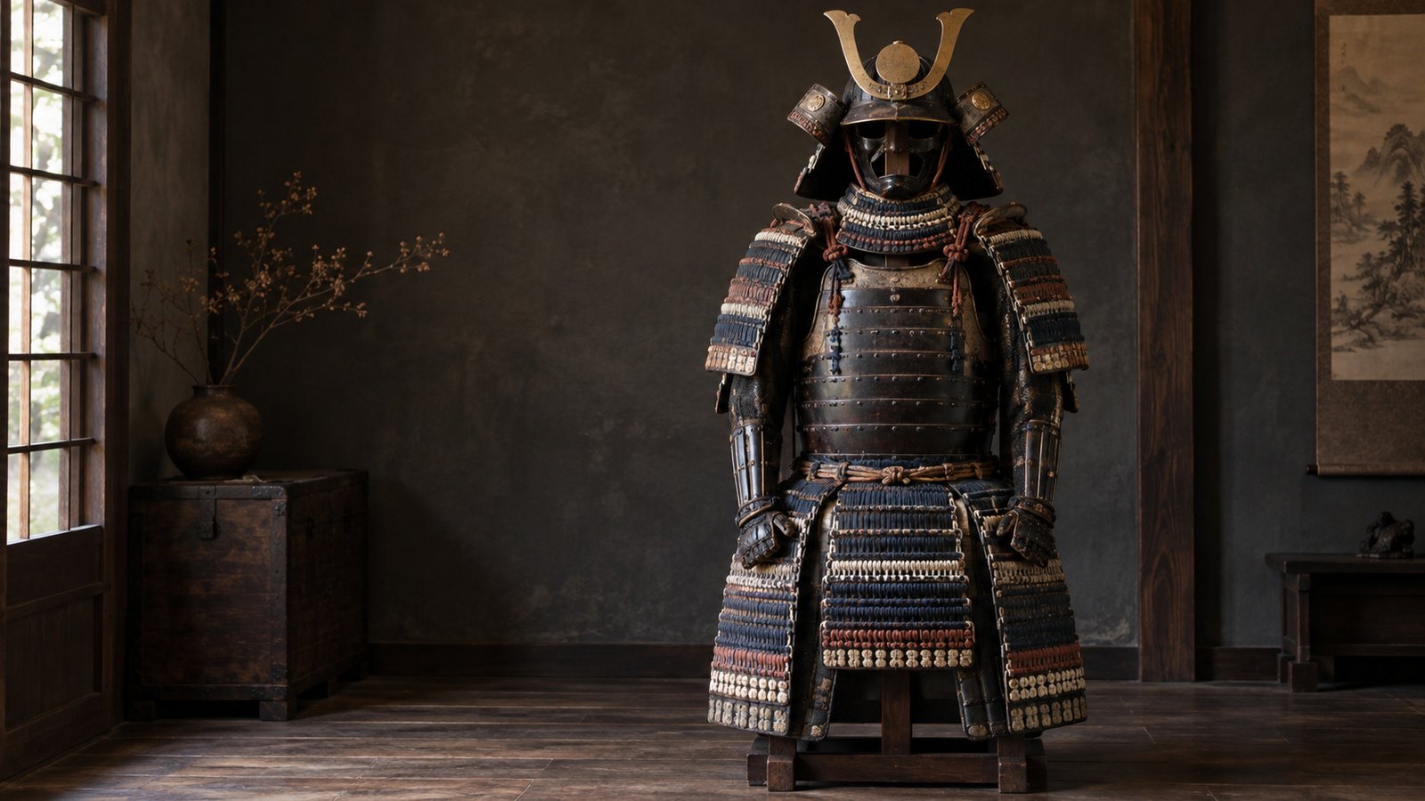 Detail of aged odoshi silk lacing on Japanese samurai armor