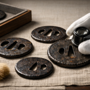 Horizontal editorial image of several iron tsuba on neutral linen with raking light highlighting tsuba patina and rim tekkotsu; a cotton-gloved hand holds a loupe in a quiet museum study setting, with no readable text or inscriptions.