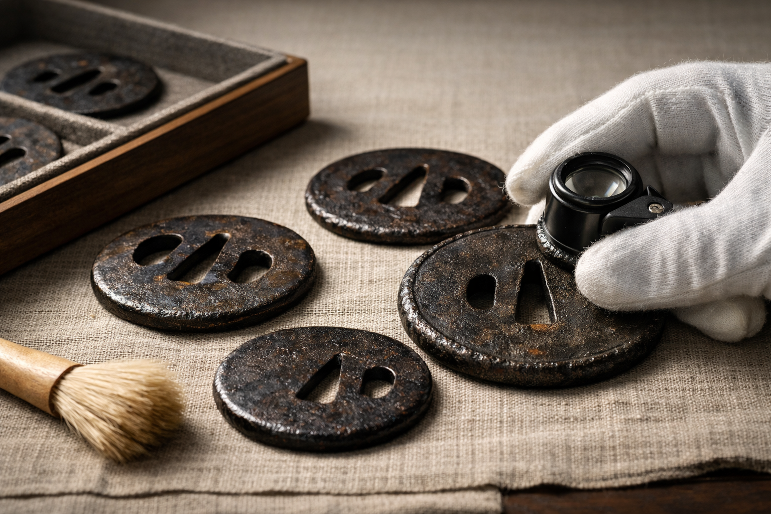 Horizontal editorial image of several iron tsuba on neutral linen with raking light highlighting tsuba patina and rim tekkotsu; a cotton-gloved hand holds a loupe in a quiet museum study setting, with no readable text or inscriptions.