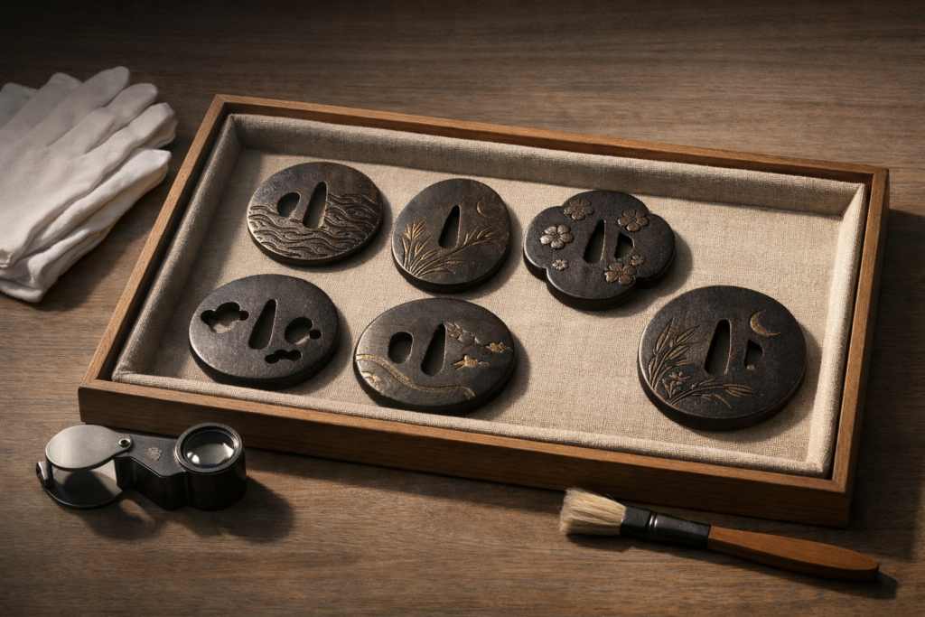 Horizontal editorial image of a museum study table with several non-specific tsuba showing abstract natural motifs and patinated iron surfaces on a linen-lined tray, with cotton gloves, a loupe, and a soft brush under gentle raking light; no text or logos.