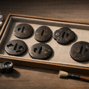 Horizontal editorial image of a museum study table with several non-specific tsuba showing abstract natural motifs and patinated iron surfaces on a linen-lined tray, with cotton gloves, a loupe, and a soft brush under gentle raking light; no text or logos.