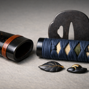 Horizontal editorial still life of anonymous Japanese koshirae details—lacquered saya with subtle gold flecks, indigo silk braid over ray skin, dark iron tsuba silhouette, horn mouthpiece, and small shakudo ornaments—on a neutral museum surface with soft raking light to highlight materials, colors, and seasonal symbolism; no blade, text, or branding.