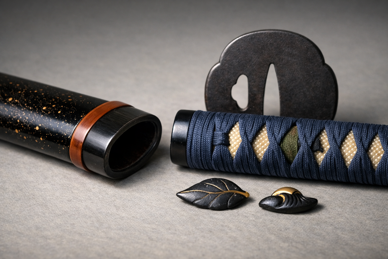 Horizontal editorial still life of anonymous Japanese koshirae details—lacquered saya with subtle gold flecks, indigo silk braid over ray skin, dark iron tsuba silhouette, horn mouthpiece, and small shakudo ornaments—on a neutral museum surface with soft raking light to highlight materials, colors, and seasonal symbolism; no blade, text, or branding.