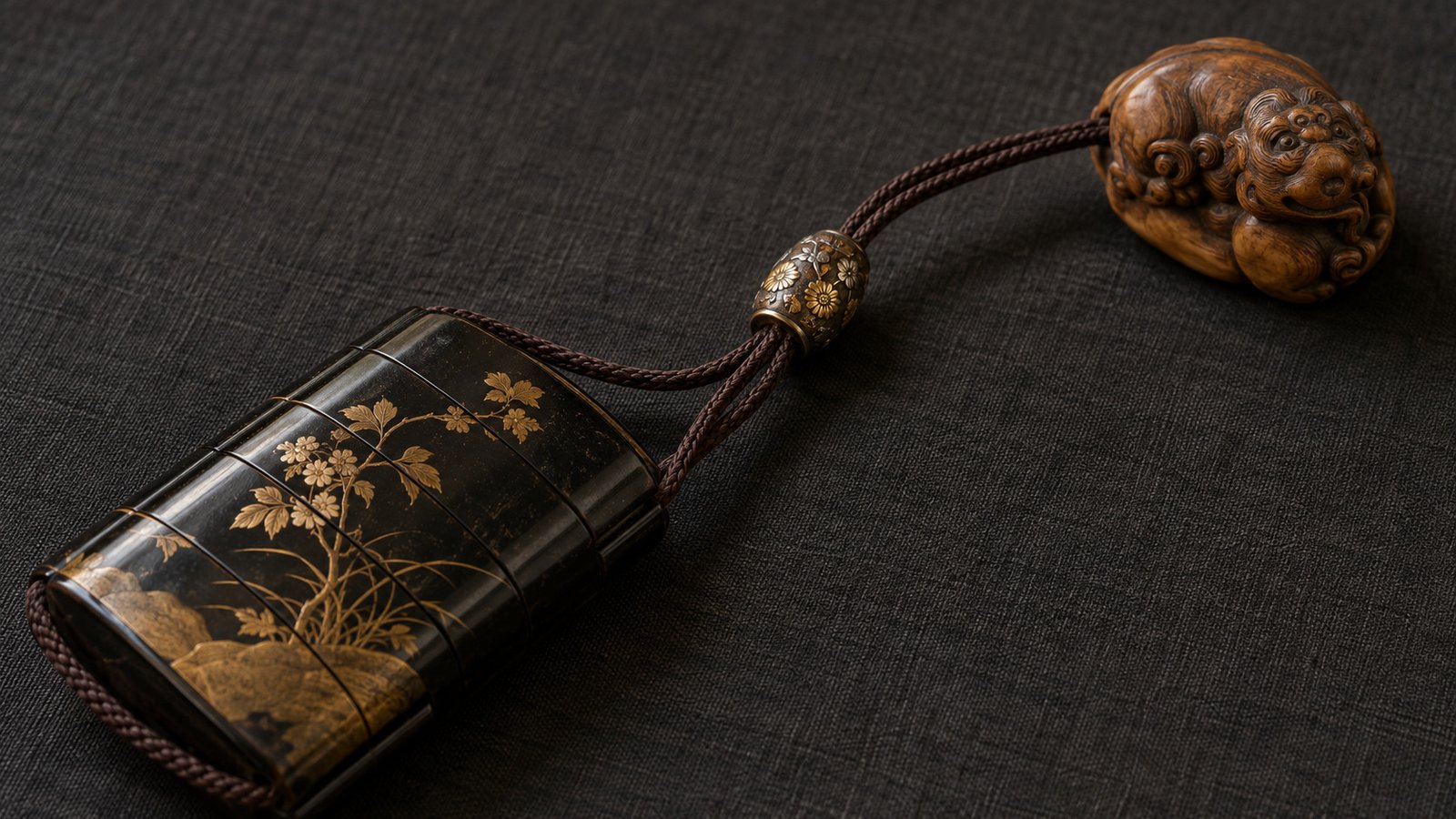 Illustration of a floral metal ojime bead on cords connecting a lacquered inro and a carved wooden netsuke.