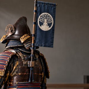 Edo-period samurai armour with a sashimono back banner attached to the cuirass