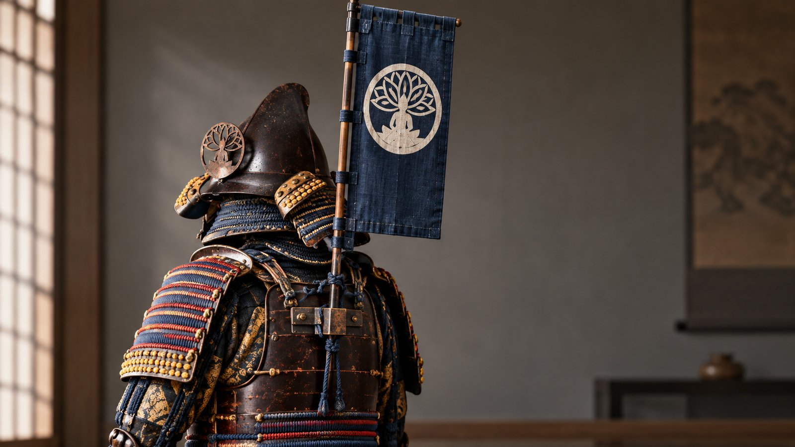 Edo-period samurai armour with a sashimono back banner attached to the cuirass