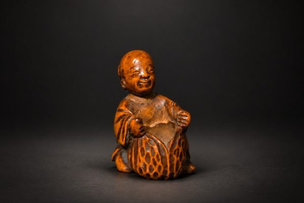 Laughing Figure Boxwood Netsuke with Pod – Edo Period Japan
