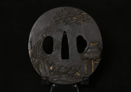 Marugata iron tsuba landscape