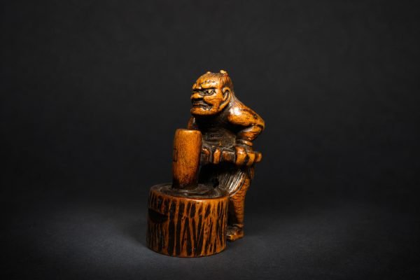 Edo Boxwood Netsuke Oni with Usu and Kine