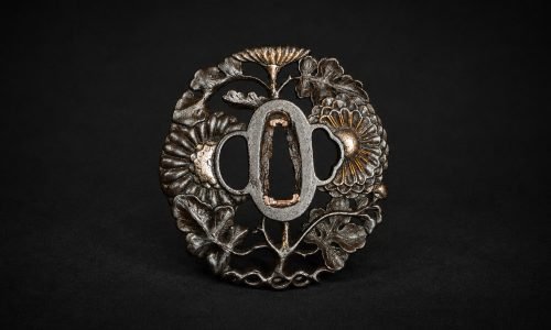 Iron Sukashi Tsuba – Chrysanthemums & Kashiwa Leaves