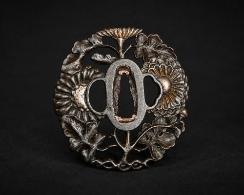 Iron Sukashi Tsuba – Chrysanthemums & Kashiwa Leaves