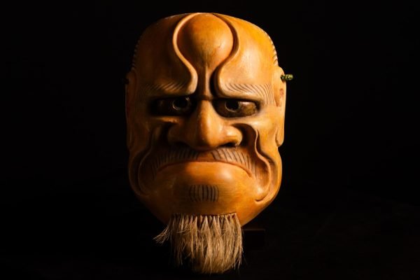 Antique Japanese Noh Mask Akujo – Carved Wood with Natural-Fibre Beard