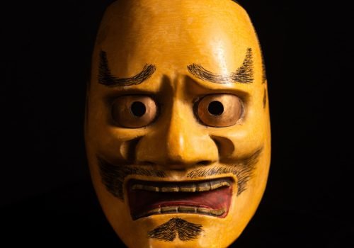 Antique Japanese Kyōgen Mask Kentoku – Hand-Painted Wooden Theatre Mask with Gilt-Metal Eyes