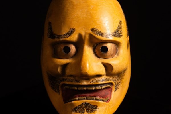 Antique Japanese Kyōgen Mask Kentoku – Hand-Painted Wooden Theatre Mask with Gilt-Metal Eyes