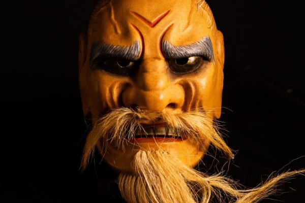 Antique Japanese Noh Mask Sennin – Immortal Mountain Hermit with Gilt-Metal Eyes and Long Natural-Fibre Beard