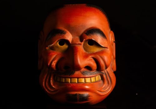 Antique Japanese Noh Mask Tobide – Vermilion-Lacquered Wooden Deity Mask with Gilt Eyes and Teeth