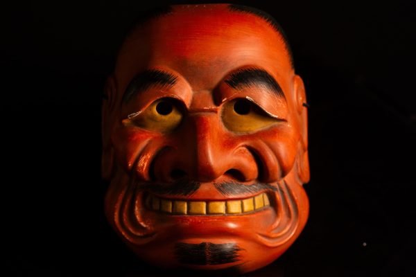 Antique Japanese Noh Mask Tobide – Vermilion-Lacquered Wooden Deity Mask with Gilt Eyes and Teeth