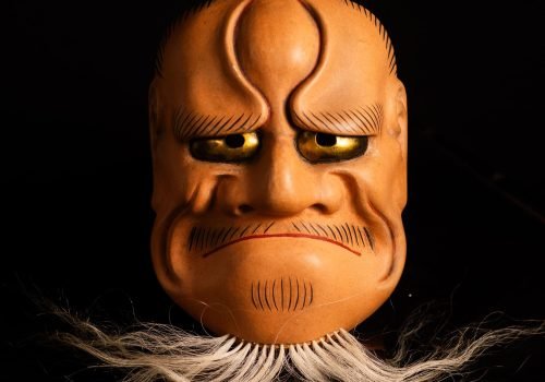 Antique Japanese Noh Mask Washibana Akujo – Eagle-Nosed Fierce Old Man with Gilt-Metal Eyes