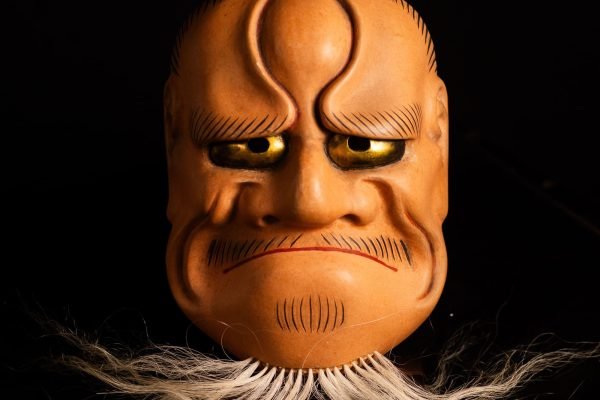 Antique Japanese Noh Mask Washibana Akujo – Eagle-Nosed Fierce Old Man with Gilt-Metal Eyes
