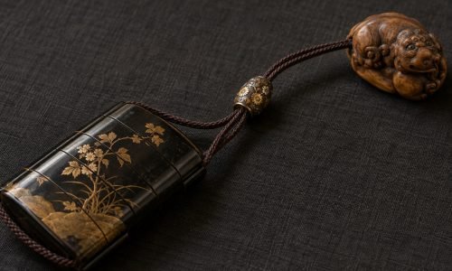Illustration of a floral metal ojime bead on cords connecting a lacquered inro and a carved wooden netsuke.