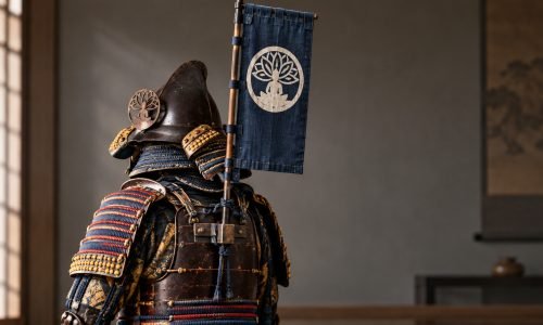 Edo-period samurai armour with a sashimono back banner attached to the cuirass