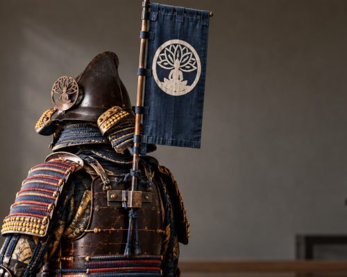 Edo-period samurai armour with a sashimono back banner attached to the cuirass