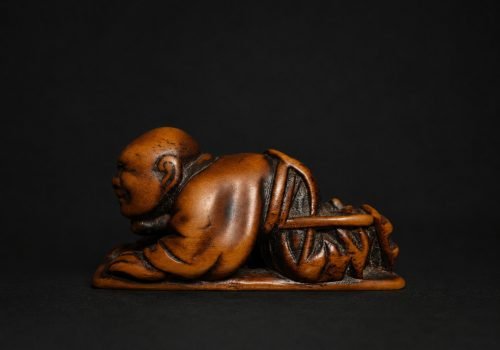 Signed Japanese Wood Netsuke – Crouching Figure
