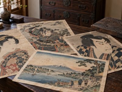Antiguos grabados japoneses ukiyo-e que representan a una mujer, un samurái, un actor de kabuki y un paisaje del monte Fuji