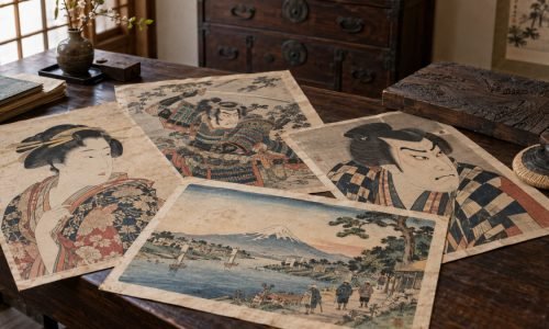 Antique Japanese ukiyo-e woodblock prints depicting a woman, samurai, kabuki actor and Mount Fuji landscape