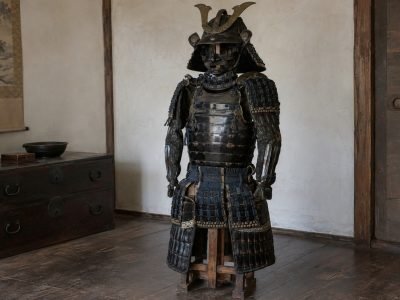 Armadura samurái japonesa antigua con laca urushi negra envejecida