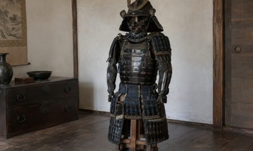 Antique Japanese samurai armor with aged black urushi lacquer