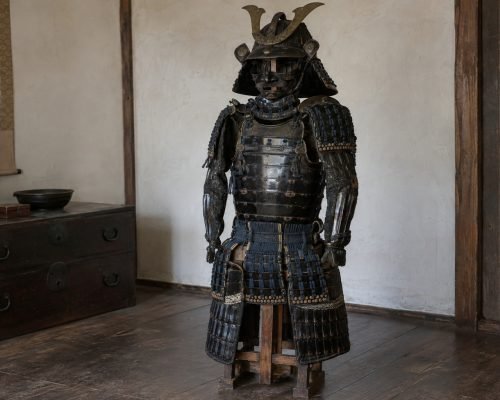 Antique Japanese samurai armor with aged black urushi lacquer