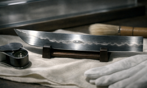 Horizontal editorial close-up of a polished Japanese blade segment under raking light, with a loupe, brush, and cotton gloves nearby, subtly suggesting hagire, fukure, and kitae-ware in a quiet conservation setting, without text or inscriptions.
