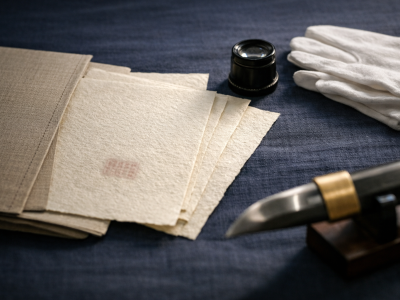 Horizontal editorial scene of Japanese sword papers on indigo cloth with a loupe and cotton gloves, a softly blurred blade section in a cradle nearby under museum lighting, with no readable text or logos.