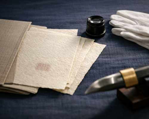 Horizontal editorial scene of Japanese sword papers on indigo cloth with a loupe and cotton gloves, a softly blurred blade section in a cradle nearby under museum lighting, with no readable text or logos.