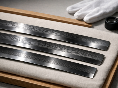 Wide editorial still life showing macro highlights of jihada—itame, mokume, and masame—on polished Japanese sword steel under raking light, with a white cotton glove and a magnifying loupe on a neutral cloth in a quiet museum-like setting.
