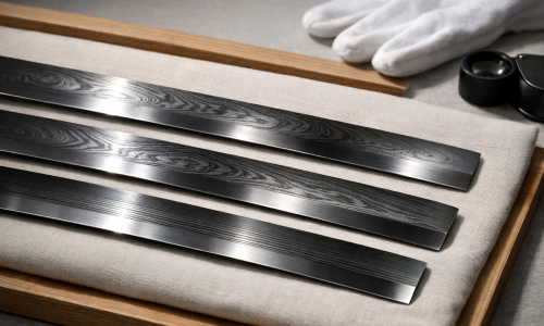 Wide editorial still life showing macro highlights of jihada—itame, mokume, and masame—on polished Japanese sword steel under raking light, with a white cotton glove and a magnifying loupe on a neutral cloth in a quiet museum-like setting.
