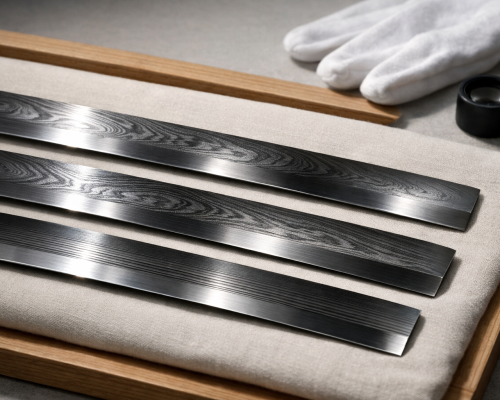 Wide editorial still life showing macro highlights of jihada—itame, mokume, and masame—on polished Japanese sword steel under raking light, with a white cotton glove and a magnifying loupe on a neutral cloth in a quiet museum-like setting.
