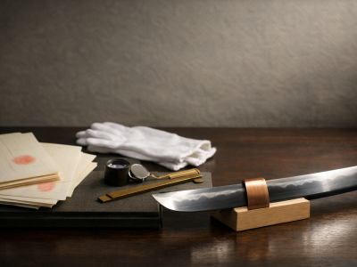 Horizontal editorial scene of a Japanese sword blade detail on a small rest beside generic, unreadable archival papers, white gloves, a loupe, and a caliper on a washi-textured desk under soft side light.